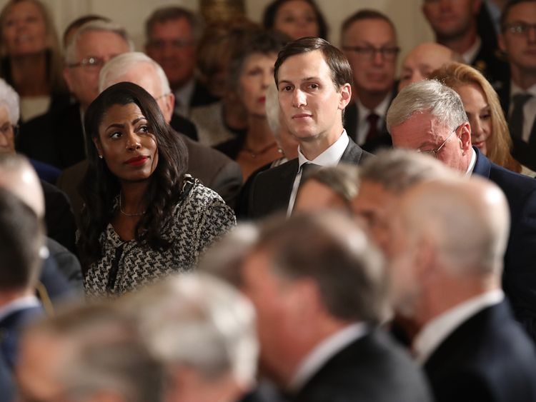 Jared Kushner (R) and Omarosa Manigault Newman attend a ceremony awarding a Medal of Honor