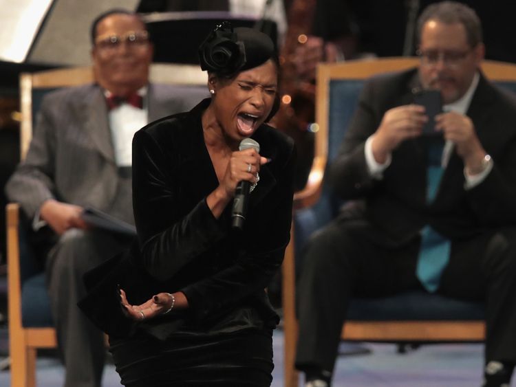 Jennifer Hudson performs at the funeral