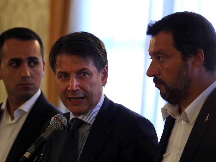 Giuseppe Conte with Luigi Di Maio (left) and Matteo Salvini (right)