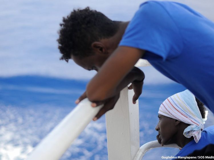 Migrants picked up the Doctors Without Borders Sea boat the Aquarius. 141 were rescued and are now being refused permission to dock in Italy and Malta. Pic: Guglielmo Mangiapane/ SOS Mediterranee 