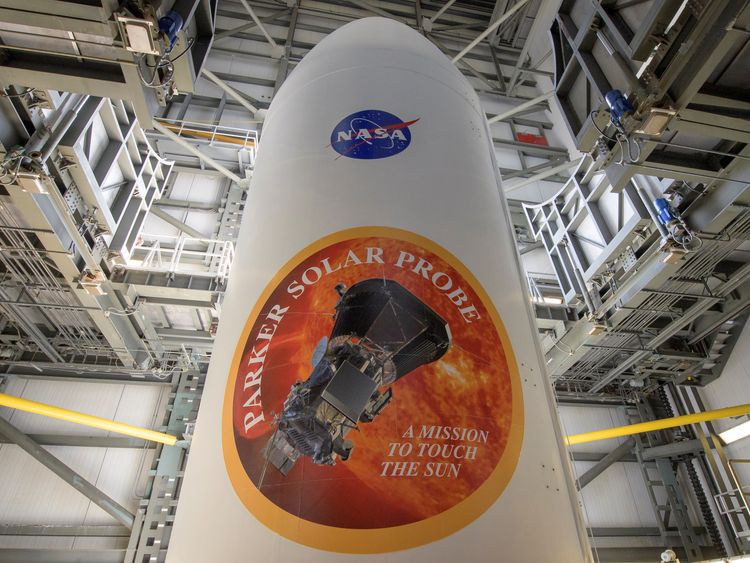 The United Launch Alliance Delta IV Heavy rocket payload fairing is seen with the NASA and Parker Solar Probe emblems, at Launch Complex 37, Cape Canaveral Air Force Station. Pic: Bill Ingalls/NASA