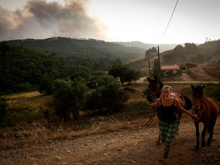 A woman pulls two horses as smoke columns rise due to a wildfire close to Monchique in the Portuguese Algarve, on August 4, 2018. - A village in a tourist area in southern Portugal was evacuated as more than 400 firefighters tackled a forest fire, emergency services said. With Europe still on high alert during a record-breaking and deadly heatwave, Portugal has seen the mercury reach almost 46 degrees Celcius -- with more hot days to come. (Photo by CARLOS COSTA / AFP) (Photo credit should read 