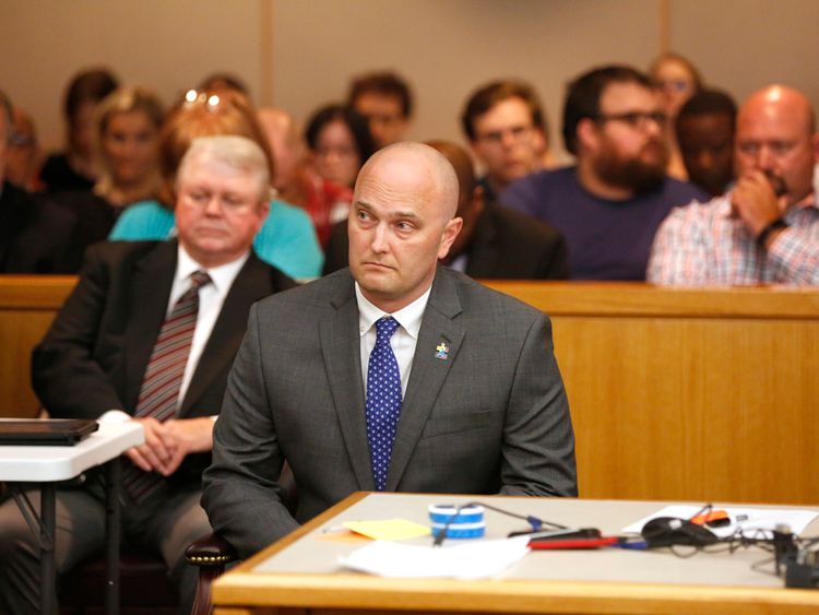 Fired Balch Springs police officer Roy Oliver sits before the reading of the verdict on the ninth day of the trial of Oliver, who was charged with the murder of 15-year-old Jordan Edwards, at the Frank Crowley Courts Building in Dallas on Tuesday, Aug. 28, 2018. (Rose Baca - Pool/The Dallas Morning News)