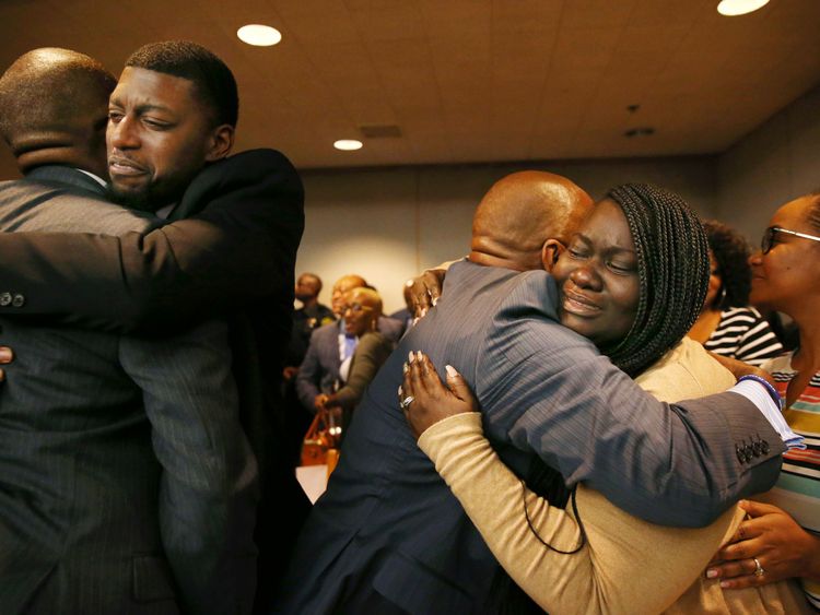 Odell Edwards and Charmaine Edwards, parents of Jordan Edwards, react to a guilty of murder verdict during the ninth day of the trial of fired Balch Springs police officer Roy Oliver, who was charged with the murder of 15-year-old Jordan Edwards, at the Frank Crowley Courts Building in Dallas on Tuesday, Aug. 28, 2018. (Rose Baca - Pool/The Dallas Morning News)