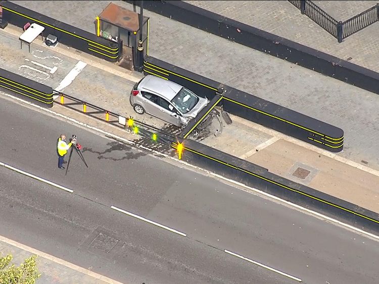 The damage to the front of the car is clearly seen from the air