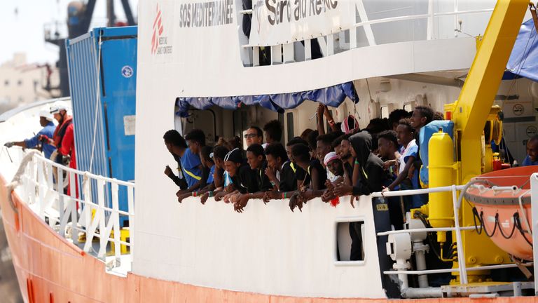 Migrants are seen onboard the humanitarian ship Aquarius at Boiler Wharf in Senglea, in Valletta&#39;s Grand Harbour, Malta 