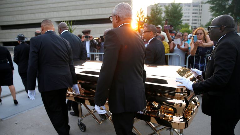 The casket carrying the late singer Aretha Franklin arrives at the Charles H. Wright Museum of African American History 