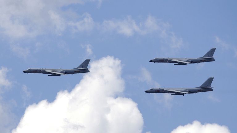 B-6k strategic bombers fly in formation