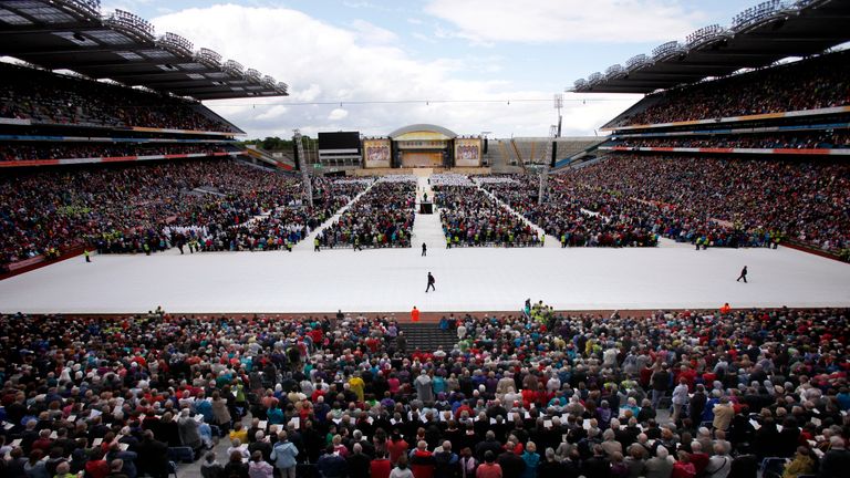 round 80,000 pilgrims attend the closing ceremony of the 50th International Eucharistic Congress, at Croke Park in Dublin, Ireland, on June 17, 2012. Pilgrims from more than 120 countries are attending the Congress which is an international gathering held every four years. The Eucharistic Congress organized by the Vatican every four years in a different part of the world begun in the 19th century. It highlights the Catholic Church&#39;s belief in transubstantiation, the idea that bread and wine tran