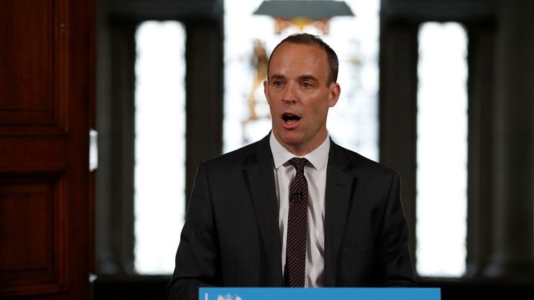 Brexit secretary Dominic Raab gestures during his speech outlining the government&#39;s plans for a no-deal Brexit