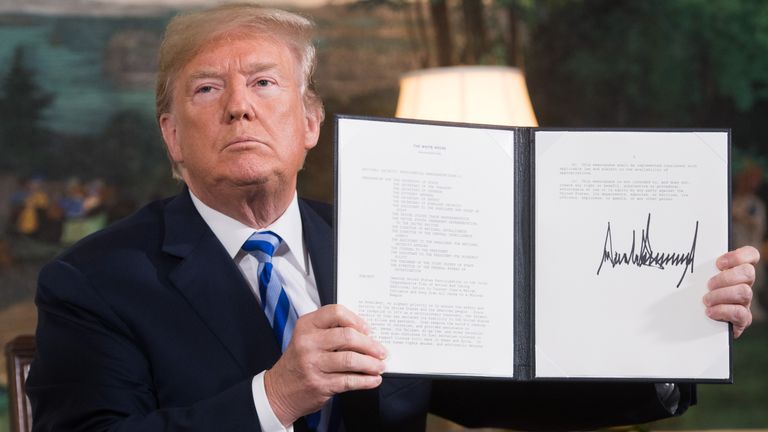 Donald Trump signed a document in May reinstating sanctions on Iran