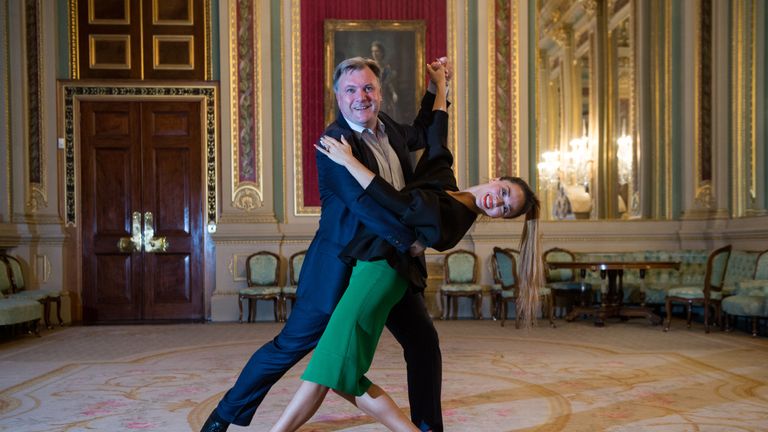 LONDON, ENGLAND - OCTOBER 05: Former Economic Secretary to the Treasury Ed Balls and his dance partner Katya Jones from BBC dance programme Strictly Come Dancing, pose for photographs in a room at Draper&#39;s Hall during the Room to Read&#39;s Annual Wine Gala on October 5, 2016 in London, England. Room to Read is a non-profit organization for improving literacy and gender equality in education in the developing world. The Annual Wine Gala serves as a charity fundraising event including an auction. (Ph