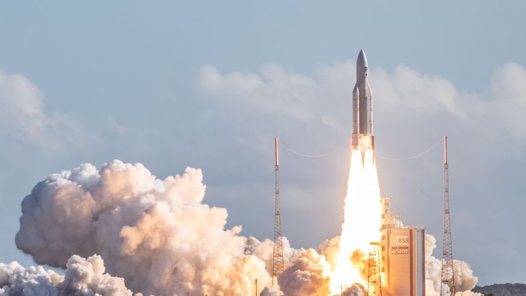 TOPSHOT - The Ariane 5 rocket, with four Galileo satellites onboard, takes off from the launchpad in the European Space Centre (Europe spaceport) on July 25, 2018 in Kourou, French Guiana. (Photo by - / AFP) (Photo credit should read -/AFP/Getty Images)

