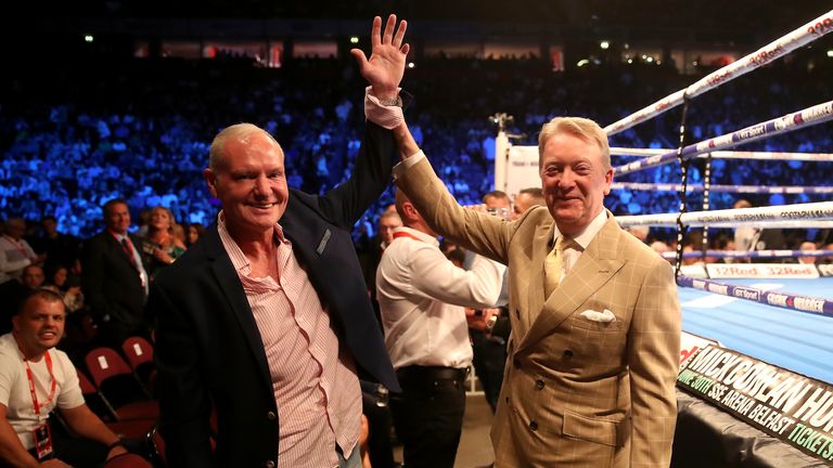 Paul Gascoigne (left) and Frank Warren at the Manchester Arena, Manchester. PRESS ASSOCIATION Photo. Picture date: Saturday June 9, 2018. See PA story BOXING Manchester. Photo credit should read: Nick Potts/PA Wire.