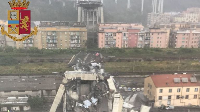 The bridge collapsed into an industrial area of the city. Pic: Polizia di Stato
