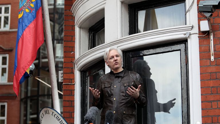 LONDON, ENGLAND - MAY 19: Julian Assange speaks to the media from the balcony of the Embassy Of Ecuador on May 19, 2017 in London, England. Julian Assange, founder of the Wikileaks website that published US Government secrets, has been wanted in Sweden on charges of rape since 2012. He sought asylum in the Ecuadorian Embassy in London and today police have said he will still face arrest if he leaves. (Photo by Jack Taylor/Getty Images)
