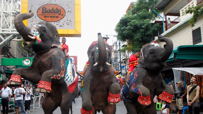 BANGKOK, THAILAND: Tourists wearing elephant-adorned trousers order food at  a stall on Khao San Road in Bangkok, Thailand on August 22nd, 2019.  Bangkok's bustling Khao San Road - a strip famous among