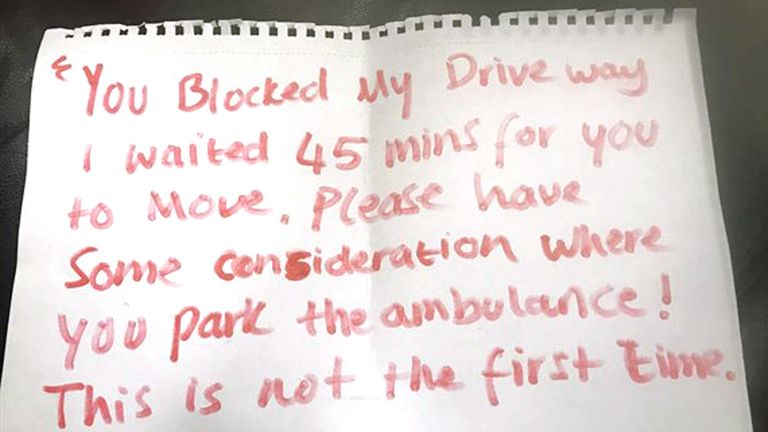 The note left on an ambulance in Leicester