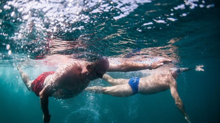 Lewis was joined by his former expedition leader on some of his past swims