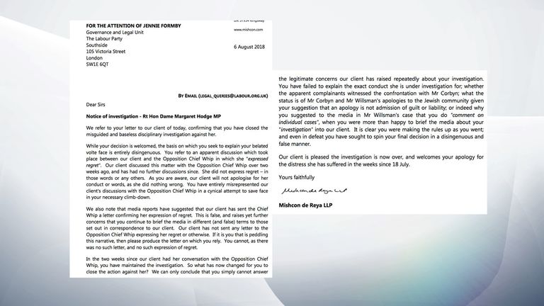 The full letter from Margaret Hodge&#39;s lawyer after the investigation was dropped