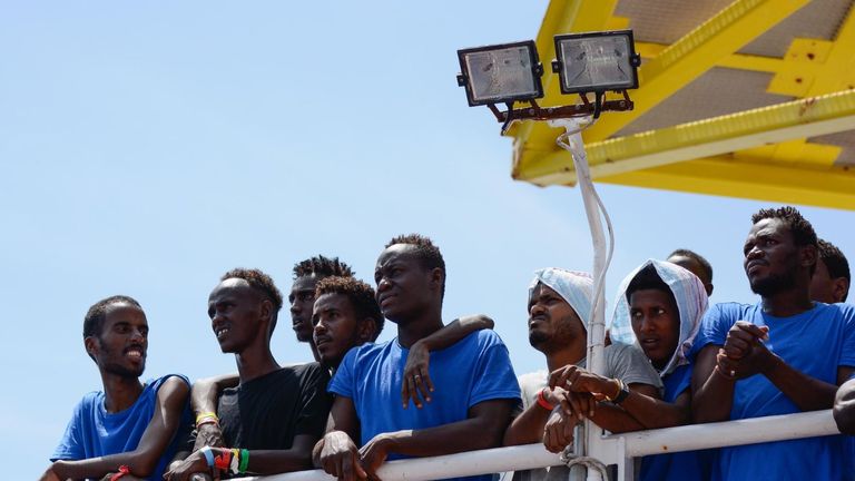 Migrants picked up the Doctors Without Borders Sea boat the Aquarius. 141 were rescued and are now being refused permission to dock in Italy and Malta. Pic: Guglielmo Mangiapane/ SOS Mediterranee