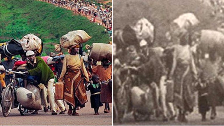 (L) The migration of Rwandan Hutu refugees in 1996 following violence in Rwanda and (R) Myanmar army&#39;s doctoring of same image