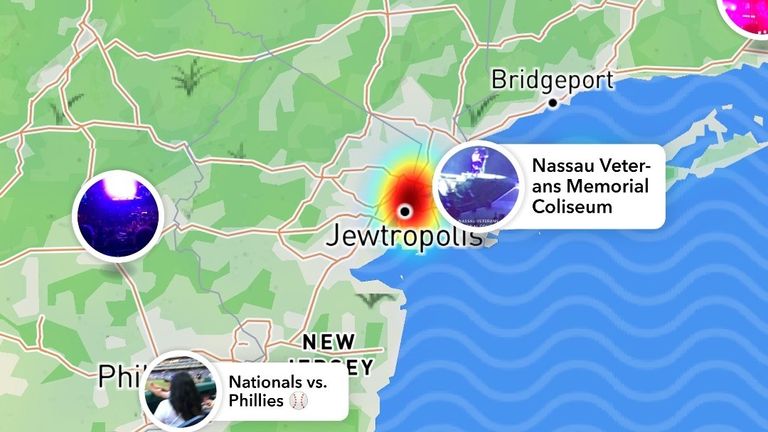 New York City was renamed Jewtropolis on Mapbox maps used by apps such as Snapchat. Pic: Snapchat