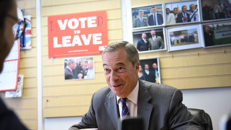 Former Ukip leader Nigel Farage at the party&#39;s local office in Thurrock during a General Election campaign visit