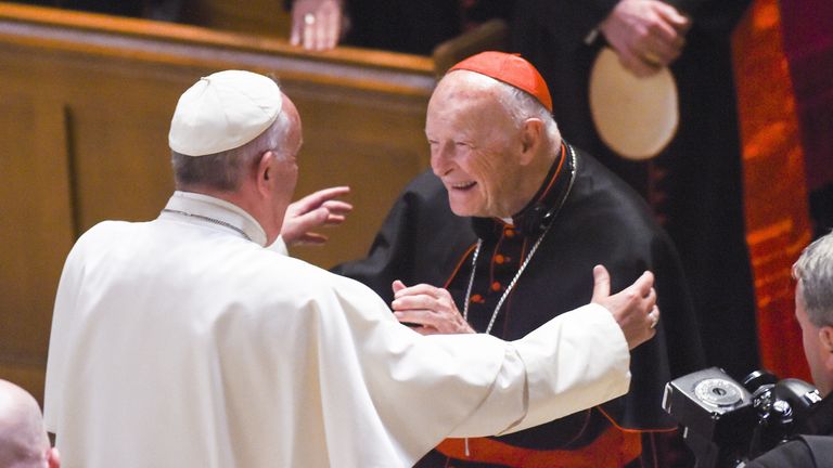 WASHINGTON, DC - SEPTEMBER, 23: Cardinal Archbishop emeritus Theodore McCarrick (C) greets Pope Francis (L) during Midday Prayer of the Divine with more than 300 U.S. Bishops at the Cathedral of St. Matthew the Apostle on September 23, 2015 in Washington, DC. The Pope is on a three-day visit of Washington, D.C. as part of a larger visit to the U.S. (Photo by Jonathan Newton-Pool/Getty Images)
