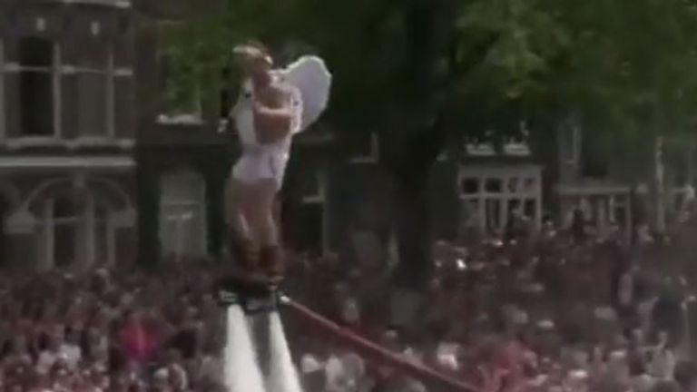 Water jetpack excites crowd at Amsterdam Pride