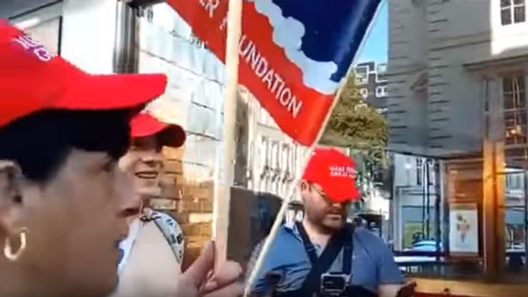 Still from a video (https://www.youtube.com/watch?v=9ZIfDSkCiv0) of a "Make Britian Great Again" protest inside a socialist bookshop