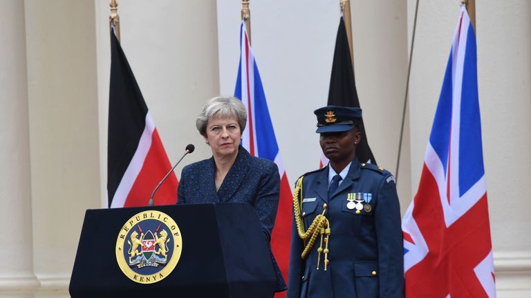 Prime Minister Theresa May during a press conference at the State House in Nairobi, Kenya 