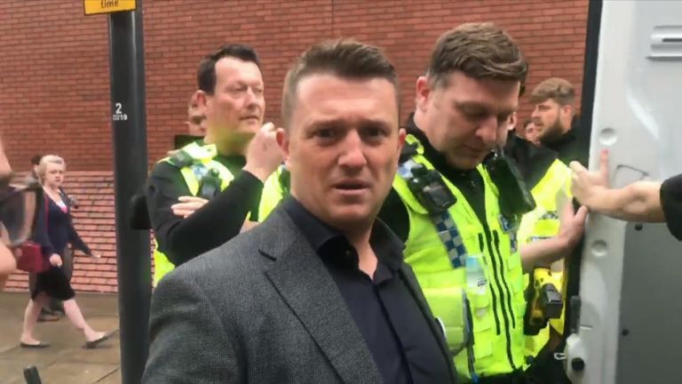 Still from the video of Tommy Robinson being arrested in May 2018