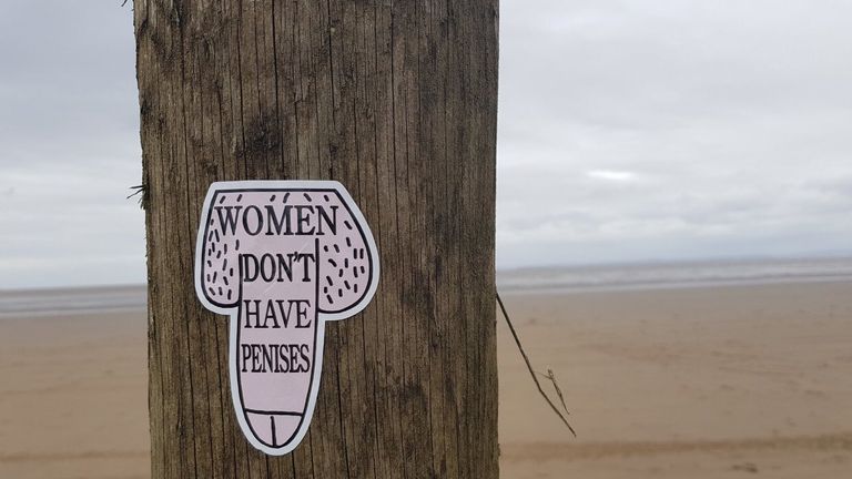 The stickers have been plastered over the statues along Crosby Beach. Pic: @LiverpoolReSis1