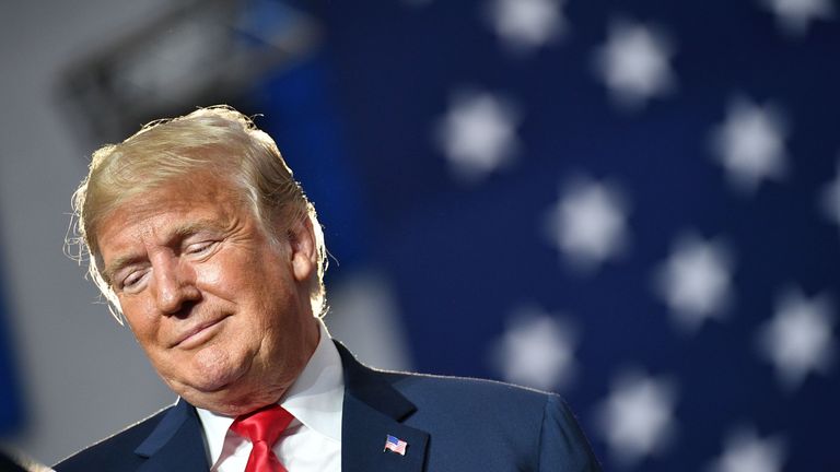 US President Donald Trump speaks during a rally at Olentangy Orange High School in Lewis Center, Ohio, on August 4, 2018