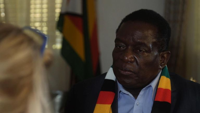 Zimbabwe&#39;s President Emmerson Mnangagwa has told Sky News he has &#34;no problem&#34; with Robert Mugabe, and Britain is better when it has a female prime minister.