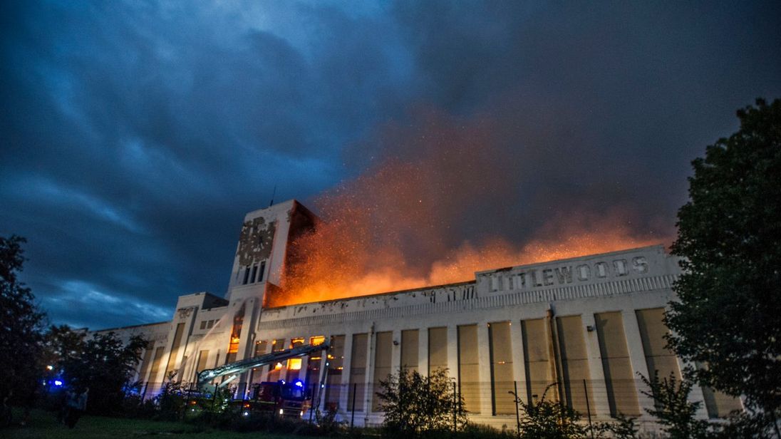 The Littlewoods building ablaze in Liverpool