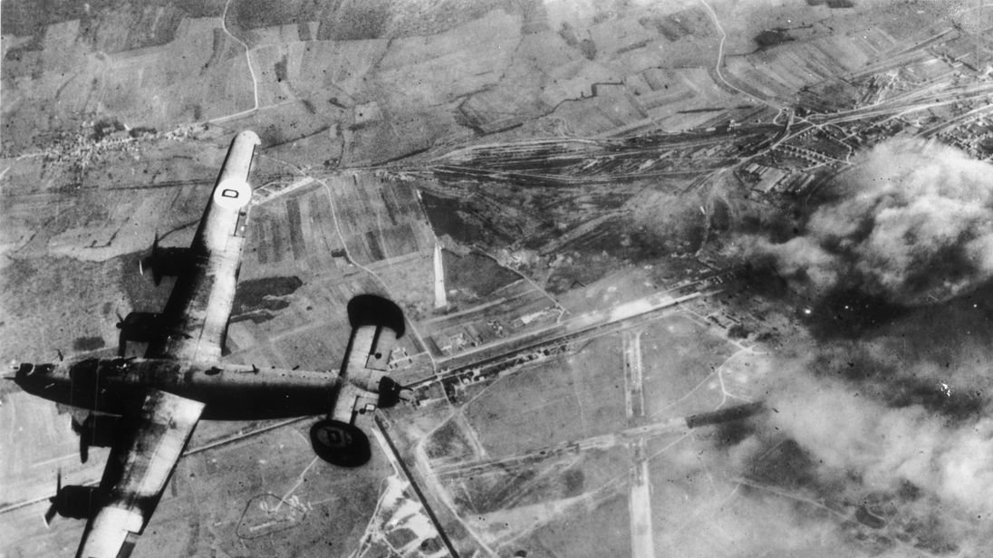 A Liberator bomber of the US Army Air Force returns to its home base after bombing a German airfield near St Dizier, in occupied France