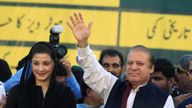 Nawaz Sharif (R), former Prime Minister and leader of Pakistan Muslim League, gestures to supporters as his daughter Maryam Nawaz looks on during party&#39;s workers convention in Islamabad, Pakistan June 4, 2018. REUTERS/Faisal Mahmood