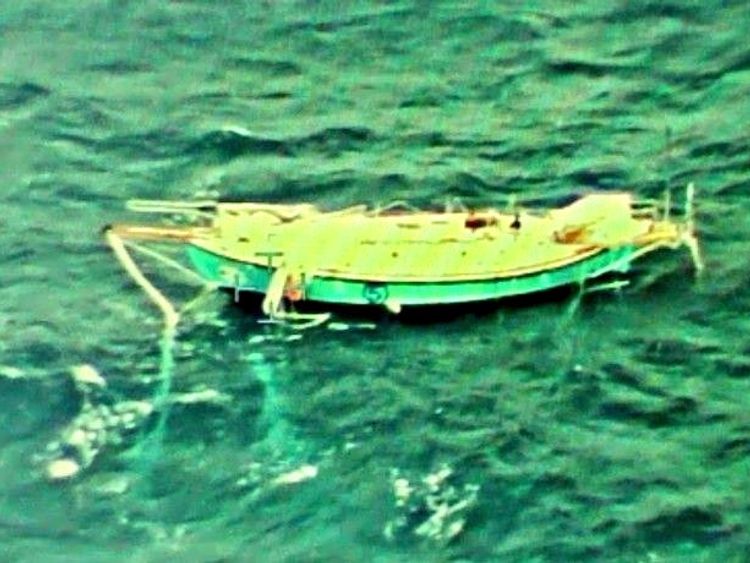 The capsized yacht Thuriya of solo sailor Abhilash Tomy