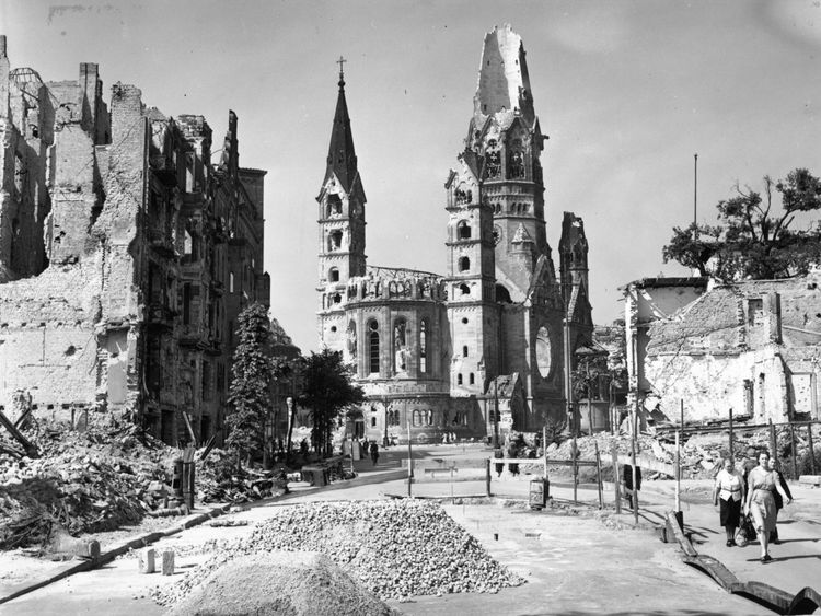 The ruins of the Tauenzien Strasse and the Kaiser Wilhelm Memorial Church in Berlin