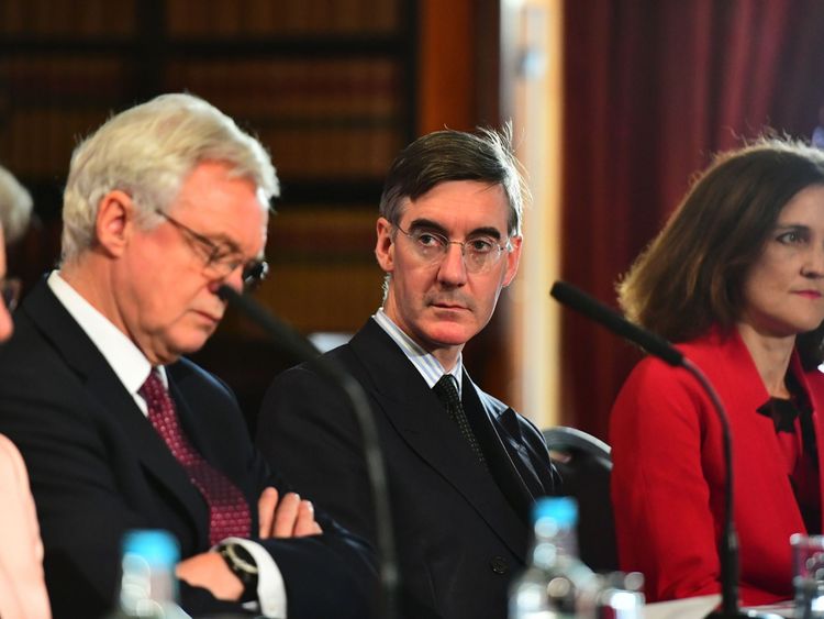 (Left to right) David Davis MP, Jacob Rees-Mogg MP and Theresa Villiers MP