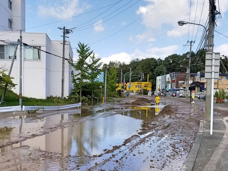 Water and mud covers the road in Hokkaido, Japan. Pic: @TAKA_RR