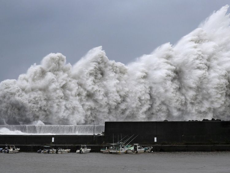 High waves triggered by Typhoon Jebi are seen at a fishing port in Aki, Kochi Prefecture, western Japan