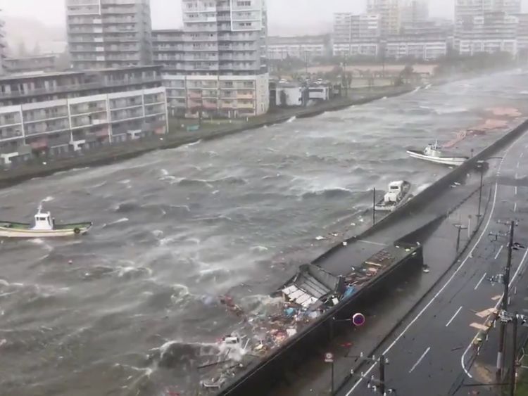 Boats float along with debris during Typhoon Jebi in Nishinomiya City, Hyogo Prefecture, Japan