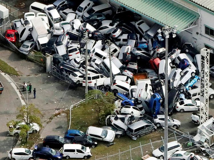 Vehicles damaged by Typhoon Jebi in Kobe, western Japan,