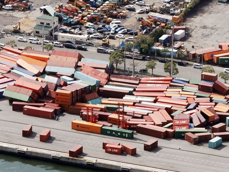Containers damaged by Typhoon Jebi in Kobe, western Japan