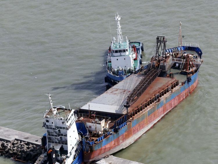 A ship damaged by Typhoon Jebi in Nishinomiya, western Japan