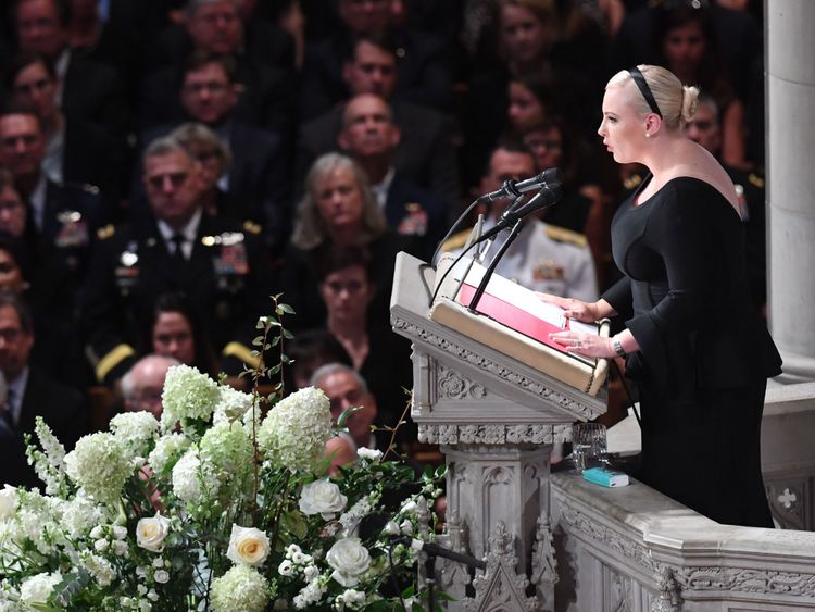 Meghan McCain, daughter of US Senator John McCain, speaks during a memorial service for her father at the Washington National Cathedral in Washington, DC, on September 1, 2018. (Photo by SAUL LOEB / AFP) (Photo credit should read SAUL LOEB/AFP/Getty Images) 