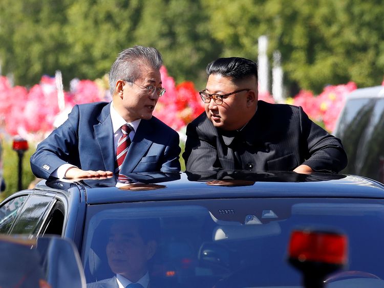 South Korean President Moon Jae-in and North Korean leader Kim Jong Un in Pyongyang, North Korea